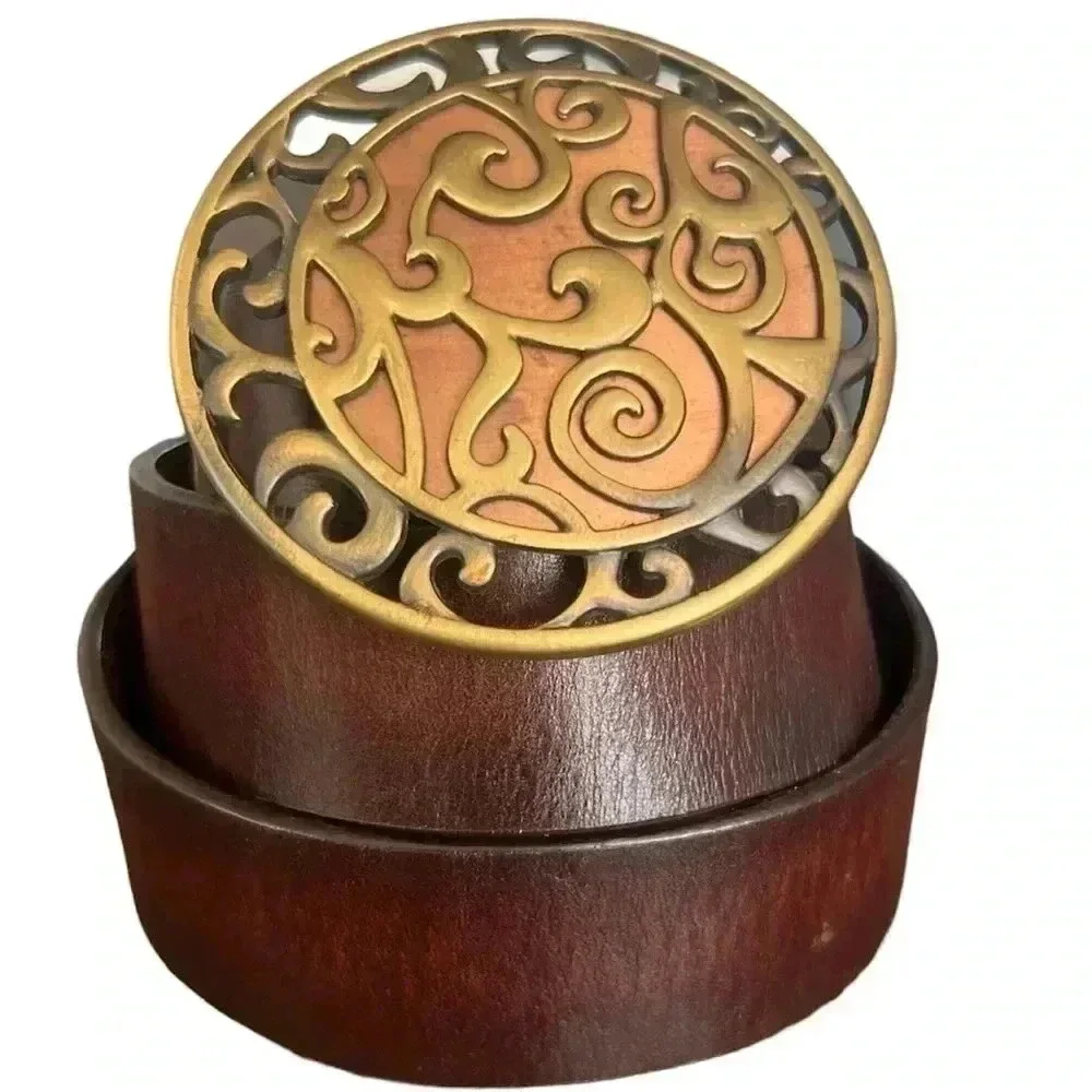 Chico's Women's  Brown leather belt Brass‎ Medallion Buckle